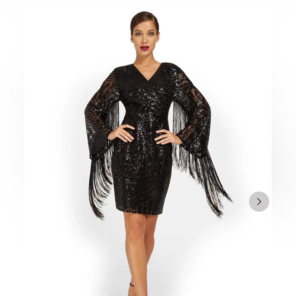 Fringe Sequin Dress. Black slim wrap dress. New York & Co. Medium New with tags